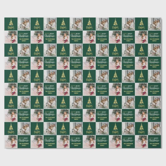 2フォトメリーエレガントクリスマス金ゴールドグリーン ラッピングペーパー (フラット)