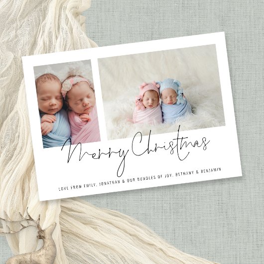 2フォトモダンコラージュベビーツインズ初めてのクリスマス シーズンカード