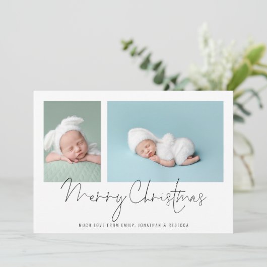 2フォトモダンコラージュベビー初めてのクリスマス シーズンカード (スタンド正面)