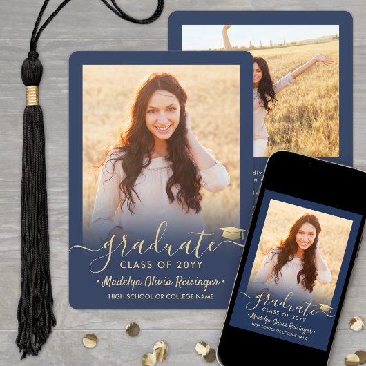 2フォトモダンシンプルスクリプト海軍金ゴールド卒業 案内状