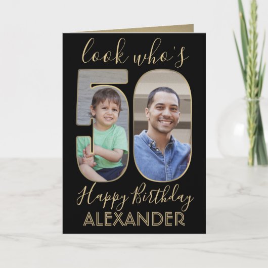 2フォトルック50誕生日ブラック金ゴールド カード (正面)