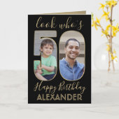 2フォトルック50誕生日ブラック金ゴールド カード (黄色い花)