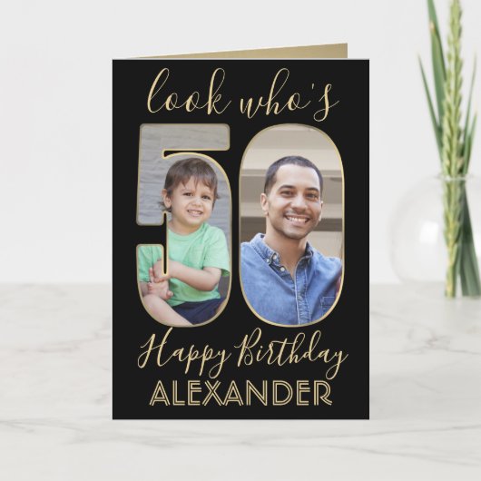 2フォトルック50誕生日ブラック金ゴールド カード (正面)