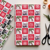 2フォトレッドグリーンブラックメリークリスマススノーフレーク ラッピングペーパーシート