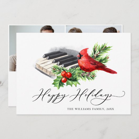 2フォトレッド(鳥)ショウジョウコウカンチョウホリーベリークリスマス シーズンカード (正面/裏面)