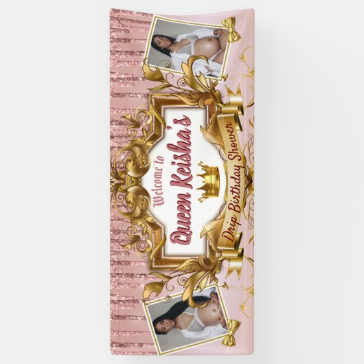 2フォトロイヤルティピンクローズ金ゴールドグリッタードリップ 横断幕 (縦)