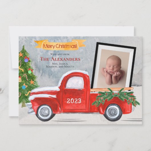 2フォトヴィンテージレッドトラックベビーまたはファミリーフォト シーズンカード (正面)