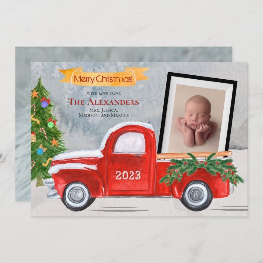2フォトヴィンテージレッドトラックベビーまたはファミリーフォト シーズンカード (正面/裏面)