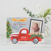 2フォトヴィンテージレッドトラックベビーまたはファミリーフォト シーズンカード (スタンド正面)