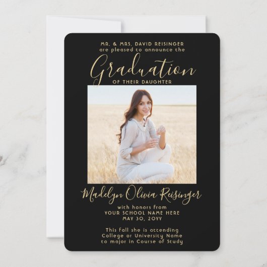 2フォト両親おめでとうブラックと金ゴールド卒業 案内状 (裏面)