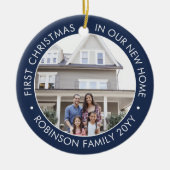 2フォト初めてのクリスマスニューホームネイビーブルー&ホワイト セラミックオーナメント (正面)