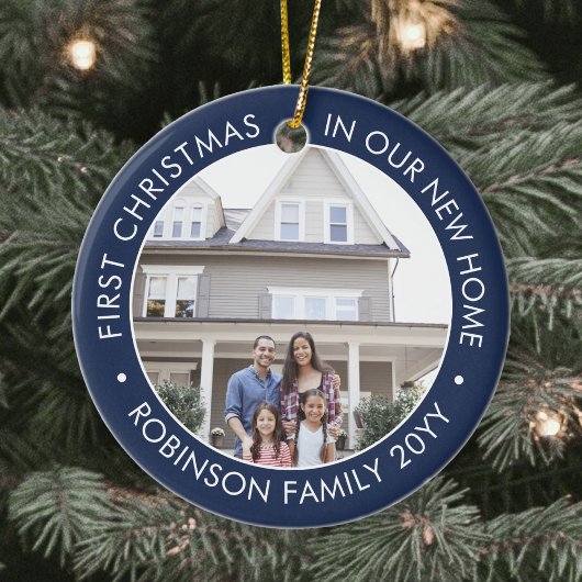 2フォト初めてのクリスマスニューホームネイビーブルー&ホワイト セラミックオーナメント