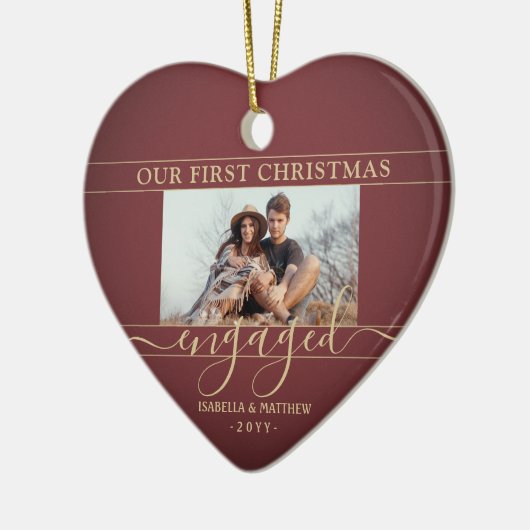 2フォト初めてのクリスマス婚約した赤と金ゴールドハート セラミックオーナメント (左)