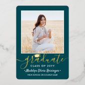 2フォト卒業パーティーティール（緑がかった色）ホワイトと金ゴールド 箔招待状 (正面)