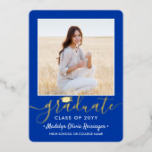 2フォト卒業パーティーモダンブル王室のブルー 箔招待状 (正面)
