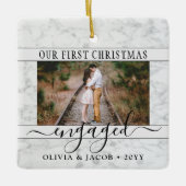 2フォト婚約初めてのクリスマスフェイク大理石 セラミックオーナメント (正面)
