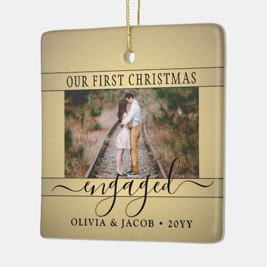 2フォト婚約初めてのクリスマスフェイク金ゴールドブラック セラミックオーナメント (左)