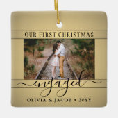 2フォト婚約初めてのクリスマスフェイク金ゴールドブラック セラミックオーナメント (正面)