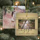 2フォト婚約初めてのクリスマスフェイク金ゴールドブラック セラミックオーナメント