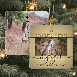 2フォト婚約初めてのクリスマスフェイク金ゴールドブラック セラミックオーナメント