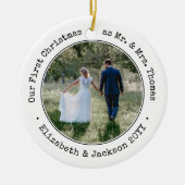 2フォト新婚初めてのクリスマス白黒 セラミックオーナメント (正面)