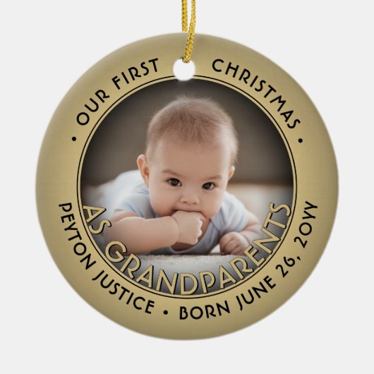 2フォト祖父母初めてのクリスマスブラック&金ゴールド セラミックオーナメント (正面)