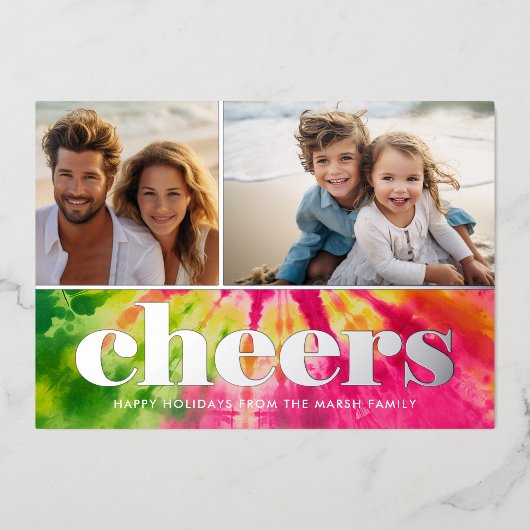 2フォト鮮やかレトロタイダイのクリスマス – 応援 箔シーズンカード (正面)