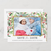 2フォト・ゴールド・フォイル・ホリデー・ウェディング・セーブザ・デート シーズンポストカード (正面/裏面)