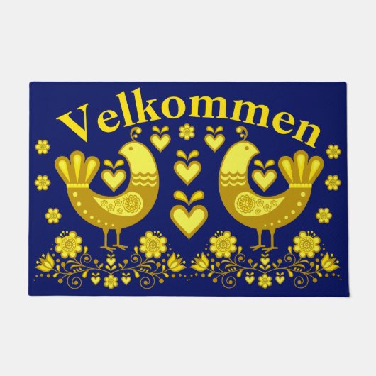 2フォーク愛の鳥、金ゴールド/ネイビーVelkommen、ようこそ ドアマット (正面)