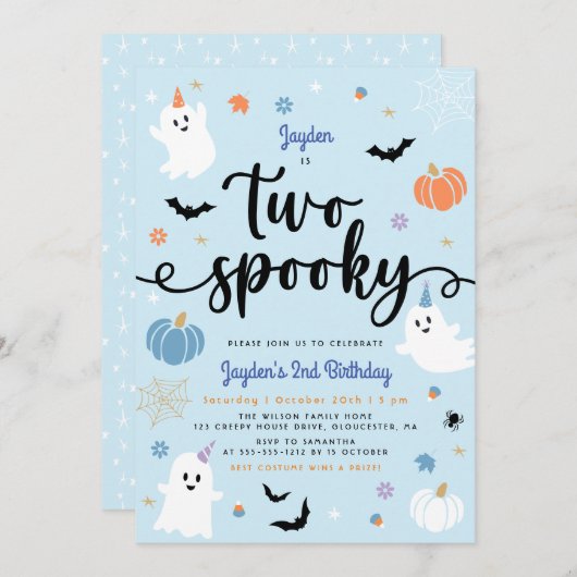 2ブルーハロウィン不気味キュート幽霊2nd誕生日 招待状 (正面/裏面)