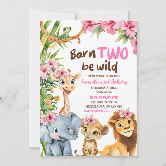 2ベワイルドサファリ生まれテーマガールセカンド誕生日 招待状 (正面)