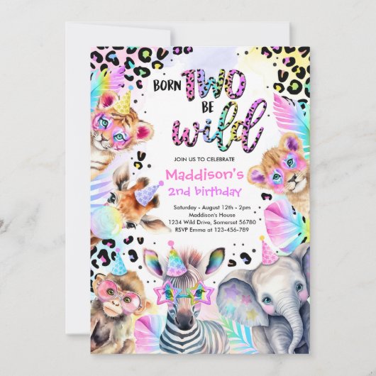 2ベ生まれイルドサファリピンクガールヒョウ誕生日 招待状 (正面)