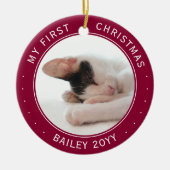 2ペットの写真私の最初のクリスマスクランベリーレッドホワイト セラミックオーナメント (正面)