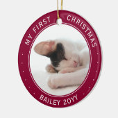 2ペットの写真私の最初のクリスマスクランベリーレッドホワイト セラミックオーナメント (左)