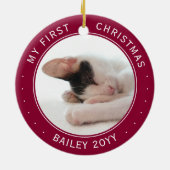 2ペットの写真私の最初のクリスマスクランベリーレッドホワイト セラミックオーナメント (裏面)