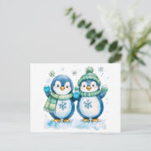2ペンギンの水彩イラストレーション ポストカード (スタンド正面)