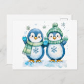 2ペンギンの水彩イラストレーション ポストカード (正面/裏面)