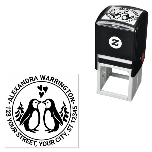 2ペンギンキスをする、ハート名差出人住所 セルフインキングスタンプ (インサイチュ)