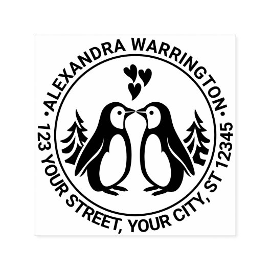 2ペンギンキスをする、ハート名差出人住所 セルフインキングスタンプ (デザイン)