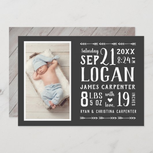 2モダン素朴枚の写真の誕生のお知らせ 案内状 (正面/裏面)