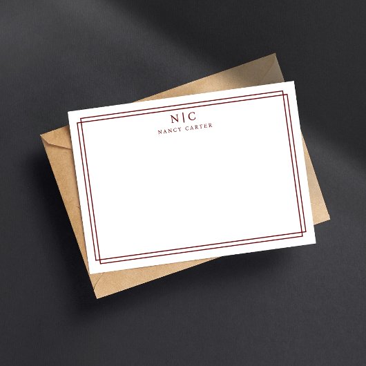 2モノグラムエレガントマルーンレッド幾何学模様縁ど ノートカード