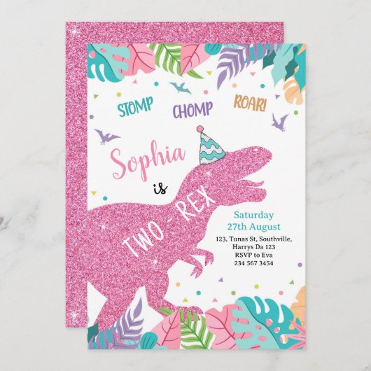 2レックスピンク恐竜ガール2nd誕生日招待状 招待状 (正面/裏面)