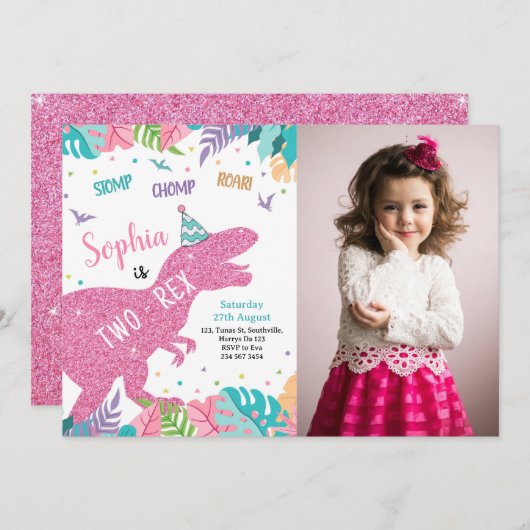 2レックスピンク恐竜ガール2nd誕生日招待状 招待状 (正面/裏面)