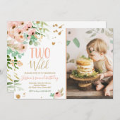 2ワイルドガール2nd誕生日招待状フローラピンク金ゴールド 招待状 (正面/裏面)