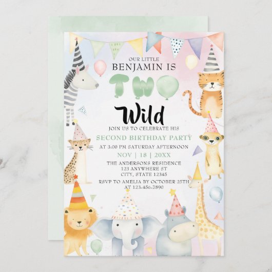 2ワイルドサファリアニマルズボーイ2nd誕生日パーティー 招待状 (正面/裏面)