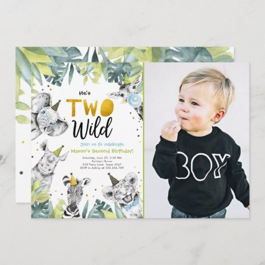 2ワイルドサファリパーティーアニマルボーイセカンド誕生日 招待状 (正面/裏面)