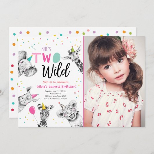 2ワイルドサファリパーティー動物第2誕生日インビ 招待状 (正面/裏面)