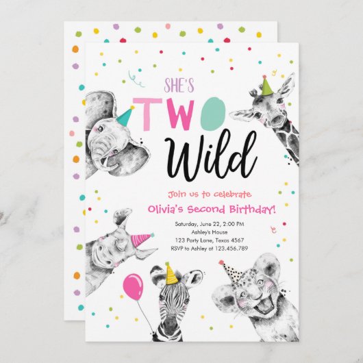 2ワイルドサファリパーティー動物第2誕生日 招待状 (正面/裏面)