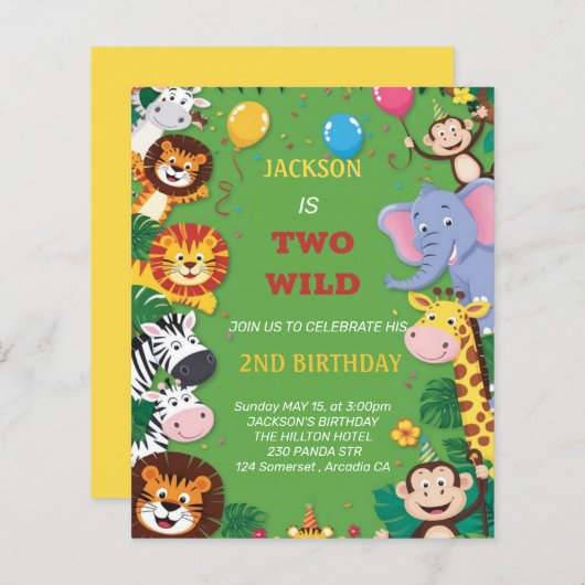 2ワイルドサファリ2番目の誕生日招待状 (正面/裏面)