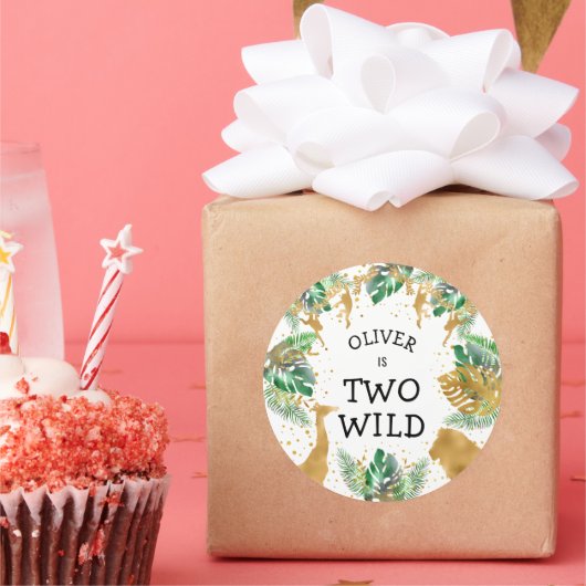 2ワイルドサファリ2nd誕生日パーティーグリーン金ゴールド ラウンドシール (パーティー)